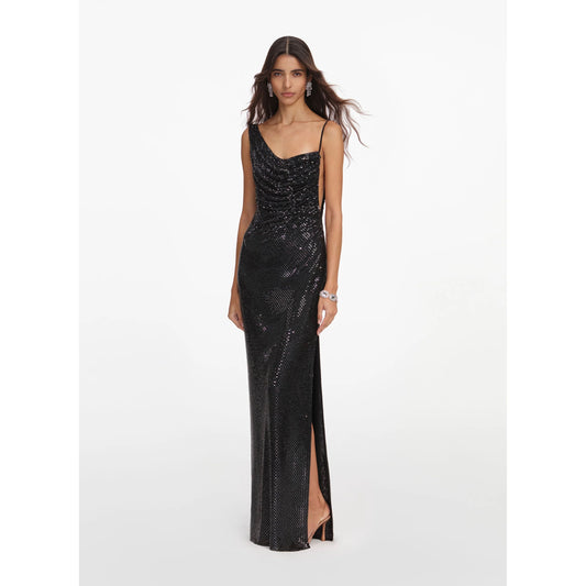 Black Rhinestone Draped Maxi Dress XS