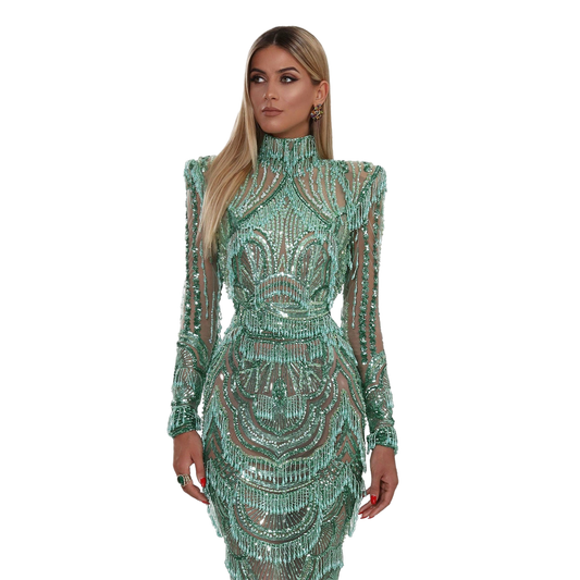 Green Beaded Tassel Dress