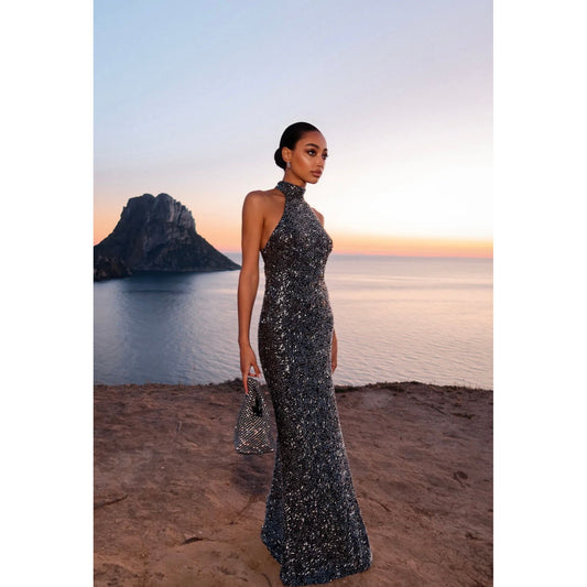 Long Black and Silver Sequin Dress