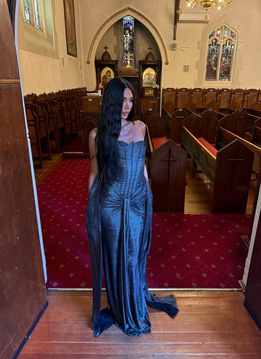 Metallic Silver Corset Gown