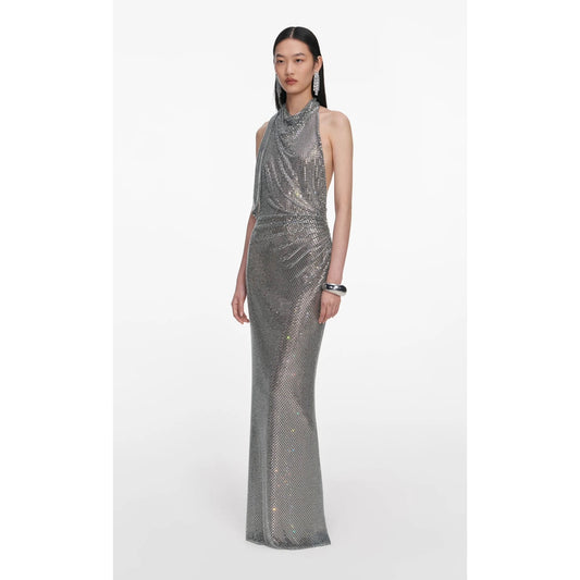 Grey Rhinestone Drape Maxi Dress