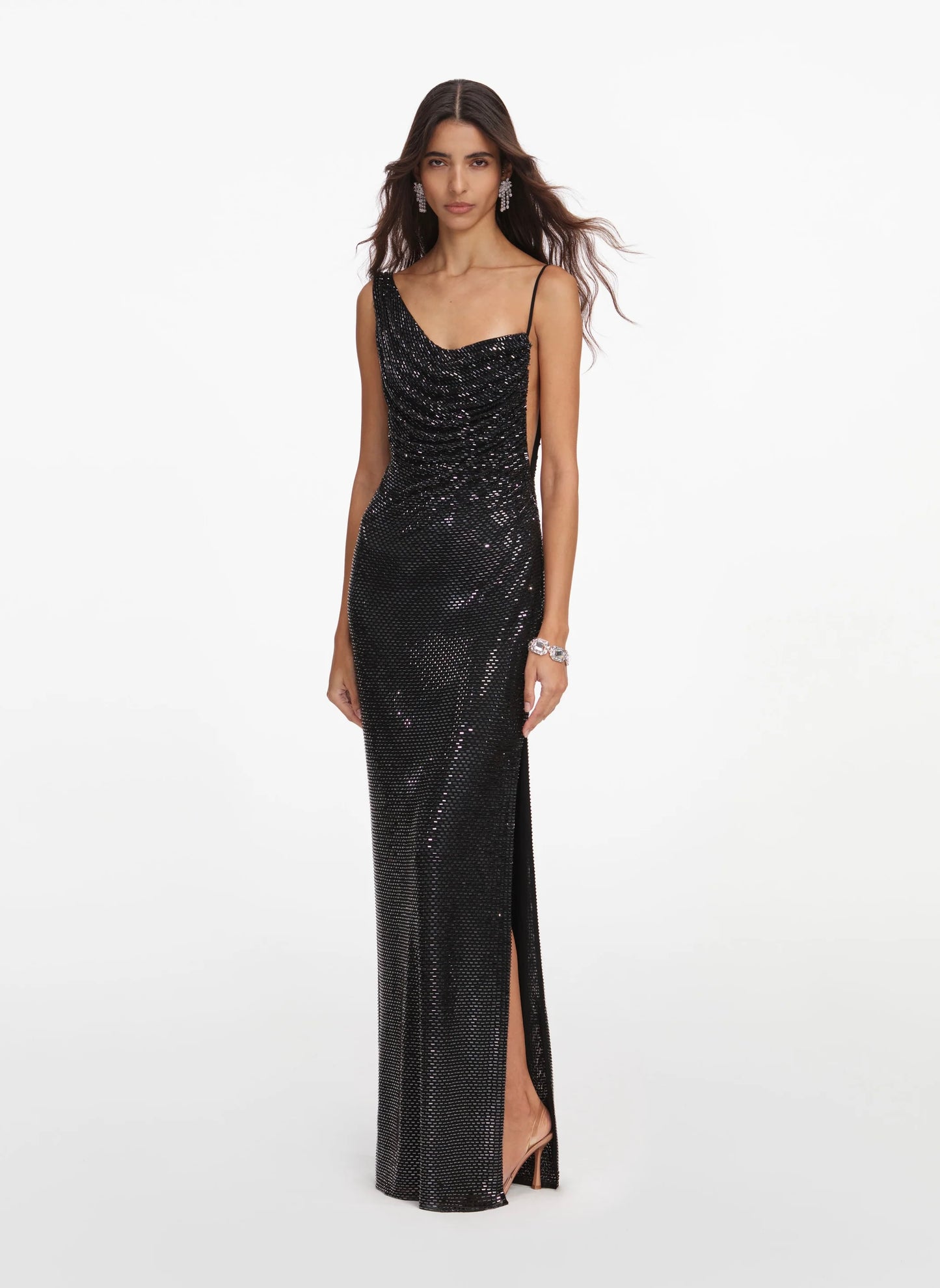 Black Rhinestone Draped Maxi Dress