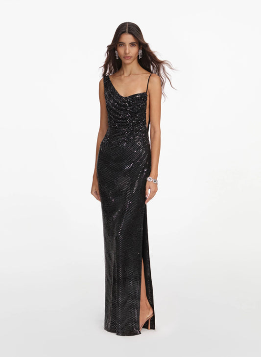 Black Rhinestone Draped Maxi Dress