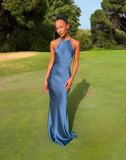 Denim Blue Backless Embellished
