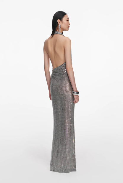Grey Rhinestone Drape Maxi Dress