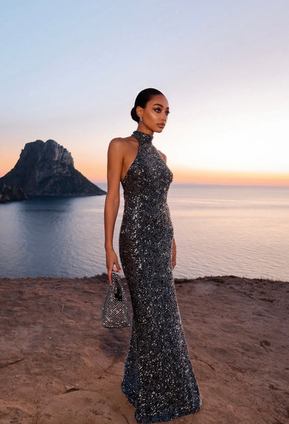 Long Black and Silver Sequin Dress