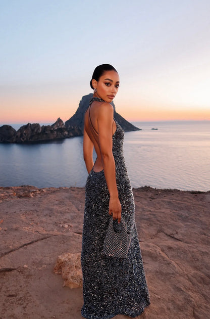 Long Black and Silver Sequin Dress
