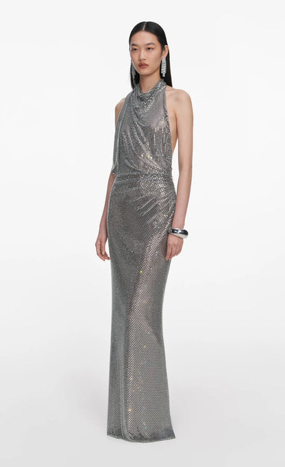 Grey Rhinestone Drape Maxi Dress