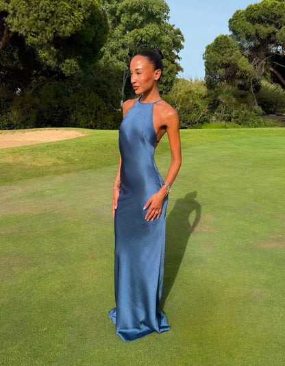 Denim Blue Backless Embellished