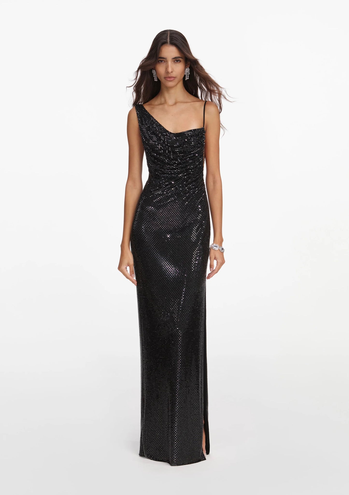 Black Rhinestone Draped Maxi Dress
