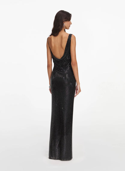 Black Rhinestone Draped Maxi Dress