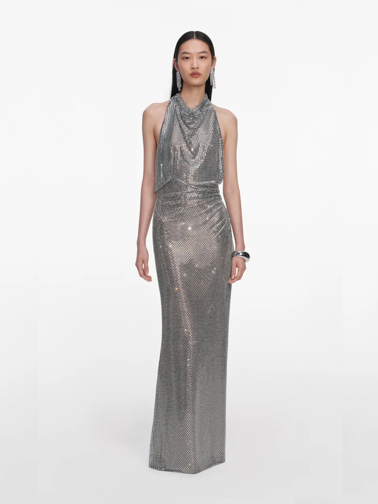 Grey Rhinestone Drape Maxi Dress