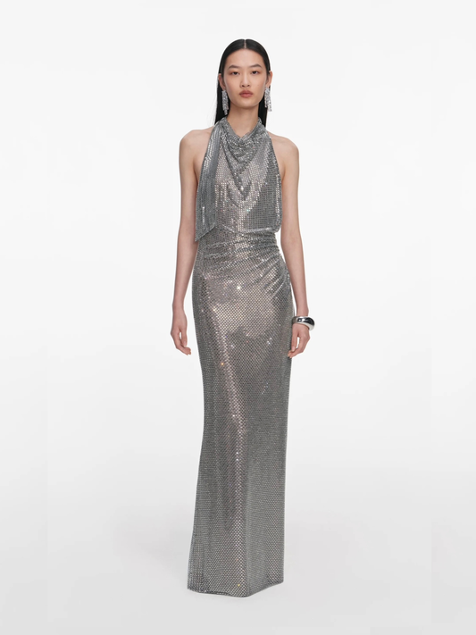 Grey Rhinestone Drape Maxi Dress